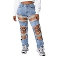 thumbnail image 5 of Women's Plus Size Jeans, Mid Waist Ripped Rhinestone Stretch Jeans, Loose Fit Distressed Denim Pants with Pockets, Oversized Hole Embellished Streetwear Jeans Blue M, 5 of 7