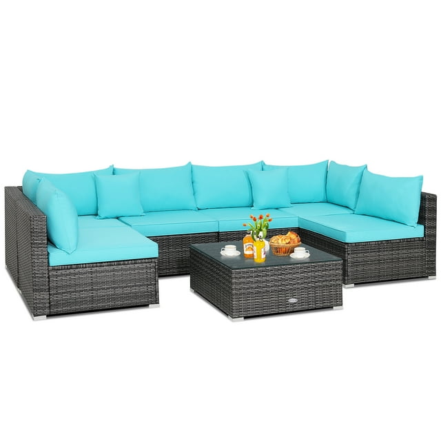 Patiojoy 7 Pcs Outdoor Patio Furniture Set All-Weather PE Rattan Sofa Set w/Coffee Table & Cushions Turquoise