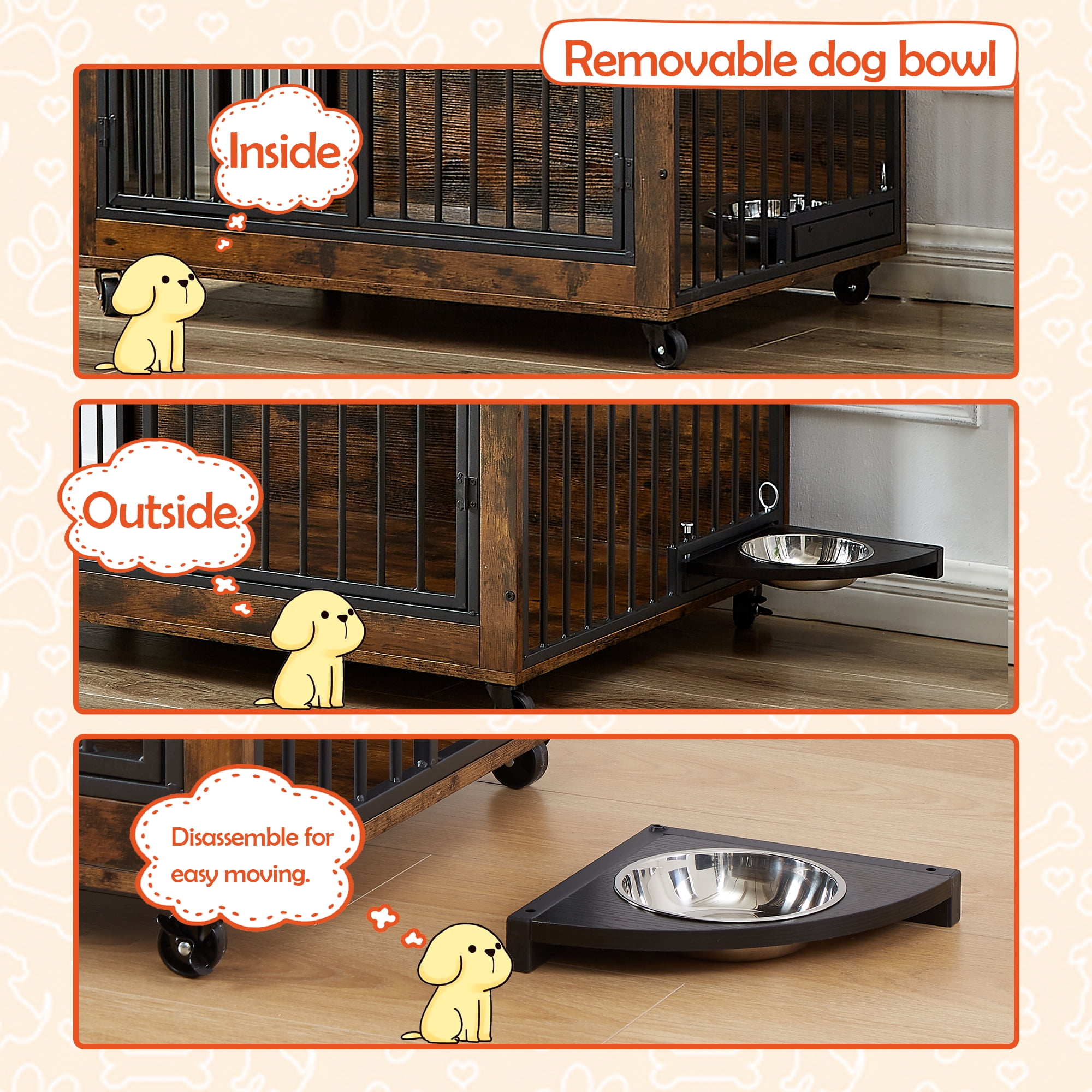 Pefilos 43" Dog Crate with Rotatable Feeding Bowl, Wheels, Three Doors Kennel Flip-Up Top Opening, Furniture Style Dog Cage for Indoor Dogs, Brown Pefilos 43" Dog Crate with Rotatable Feeding Bowl, Wheels, Three Doors Kennel Flip-Up Top Opening, Furniture Style Dog Cage for Indoor Dogs, Brown