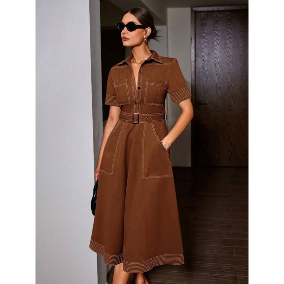 Brown Womens Shirt Dress With Collar, Front Button, Patch Pockets, Belted Waist, Short Sleeve, A-Line Midi