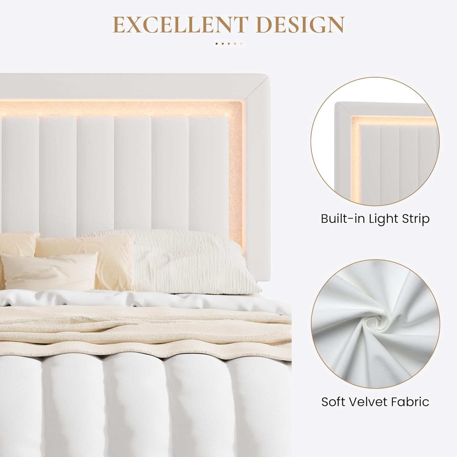 SHA CERLIN King Size Velvet Bed Frame with LED Light, Adjustable Vertical Channel Tufted Headboard, Strong Wooden Slats Support, Noise-Free, No Box Spring Needed, White