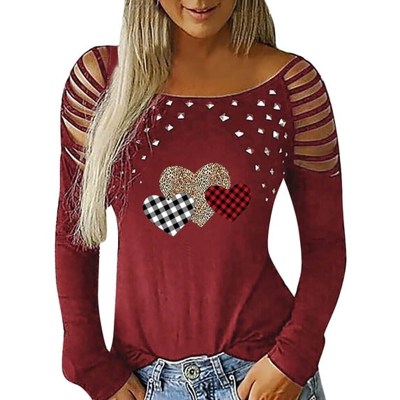 Seyurigaoka Valentine's Women Slim Tops, Creative Heart Printing Rivet Decoration Hollow Long Sleeve Round Collar Casual T-shirt