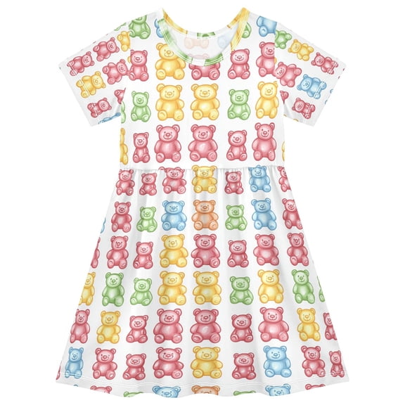 FORMRS Girls Short Sleeve Dress Summer Casual Round Neck A-line Beach Sundress, Sizes 2T-8T, Gummy Bear Pattern