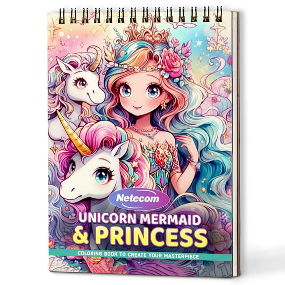 Netecom Unicorn Mermaid & Princess Coloring Book Spiral Bound For Adults, A5 Wooden Cover, 30 Enchanting Coloring Pages of Magical Unicorns, Mermaids & Princesses for Stress Relief and Relaxation