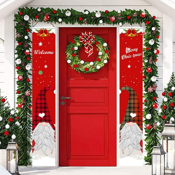 Christmas Door Decoration, Christmas Flag Banner, Family Wall Hanging Indoor and Outdoor Christmas Party Festival Decor, Polyester Fabric with Red Rope for Easy Installation