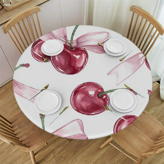 Autua Cherries Bows Ribbons Round Tablecloth Stain-Resistant Washable for Indoor Outdoor Dining Parties, Weddings, Picnics, Camping - Various Sizes Available 31"-35