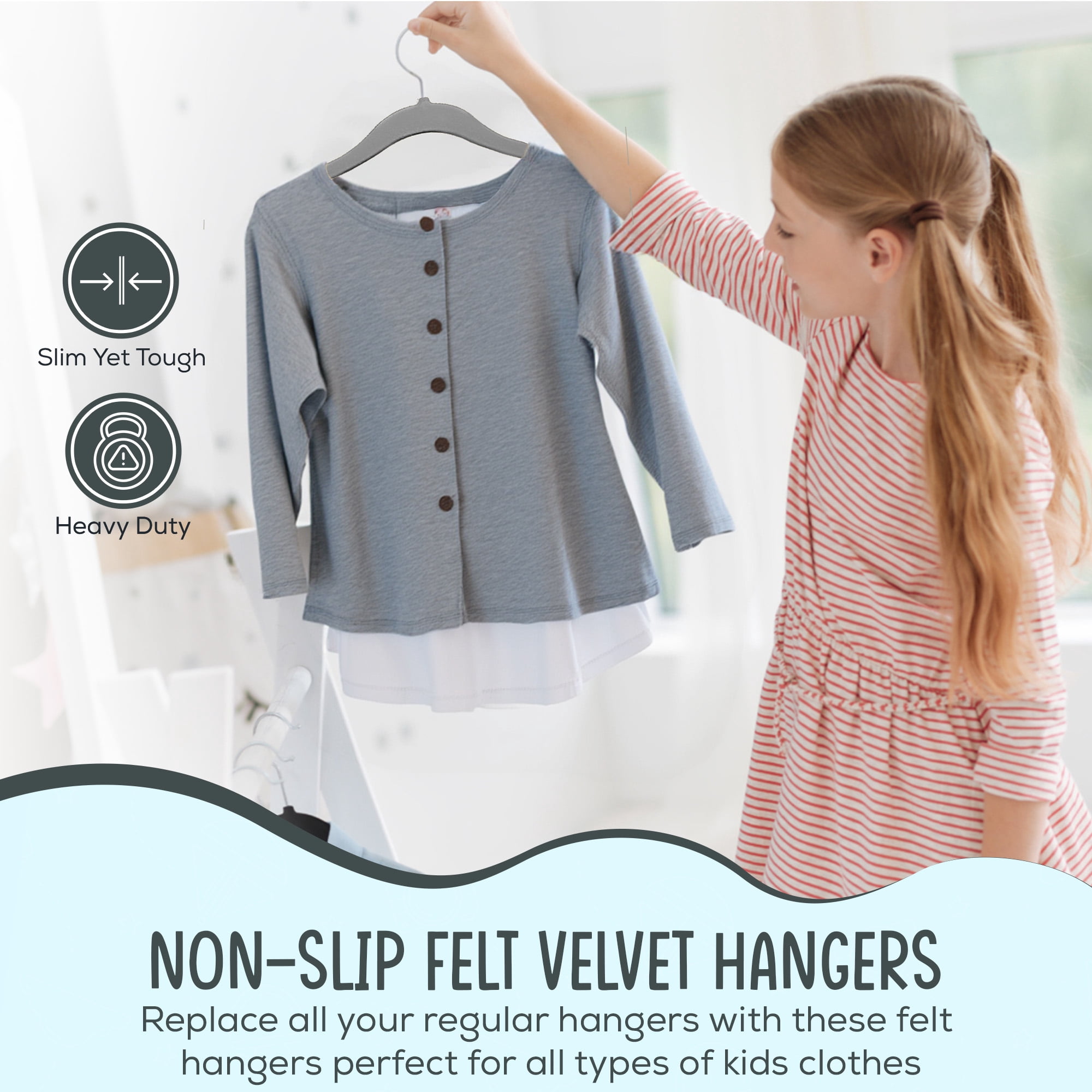 Techzoo Premium Kids Velvet Hangers 55 Pack – 14" Non Slip Felt Cloth Hangers for Closet – Ultra Slim, Space Saving Kids Clothes Hangers with 360° Swivel Hook, Toddler Children Kids Hangers – Gray