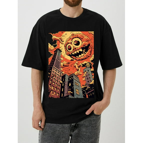 OIMCCIV Unisex Casual Loose T-shirt Evil Sun Printing Crew Neck Short Sleeve T-Shirt