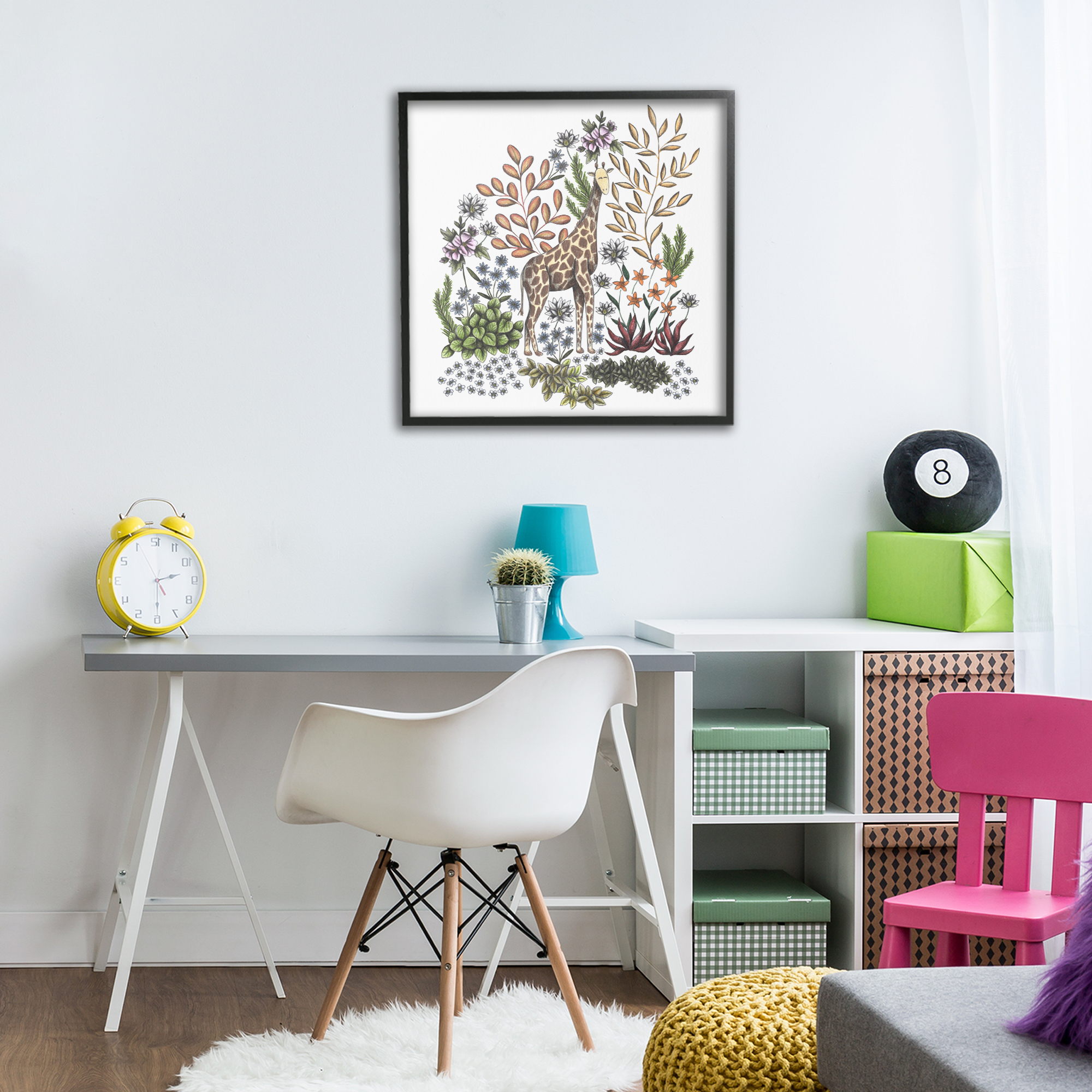 Jungle Wildlife Giraffe Black Framed Giclee Art, design by Cecilia Battaini