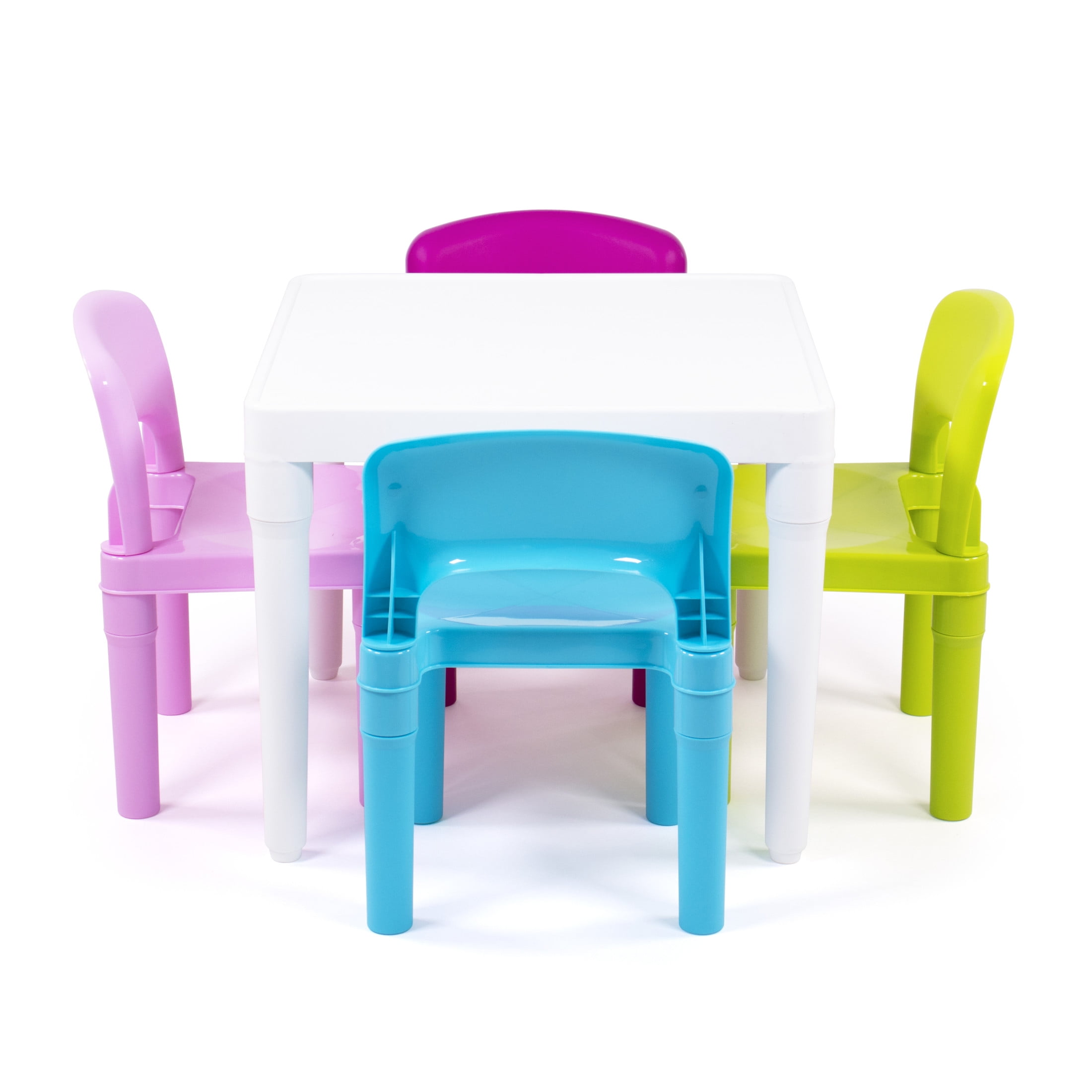 Humble Crew Forever Toddler Lightweight Plastic Table and 4 Chairs Set, Square White Table & Pink/Purple/Turquoise/Green Chairs