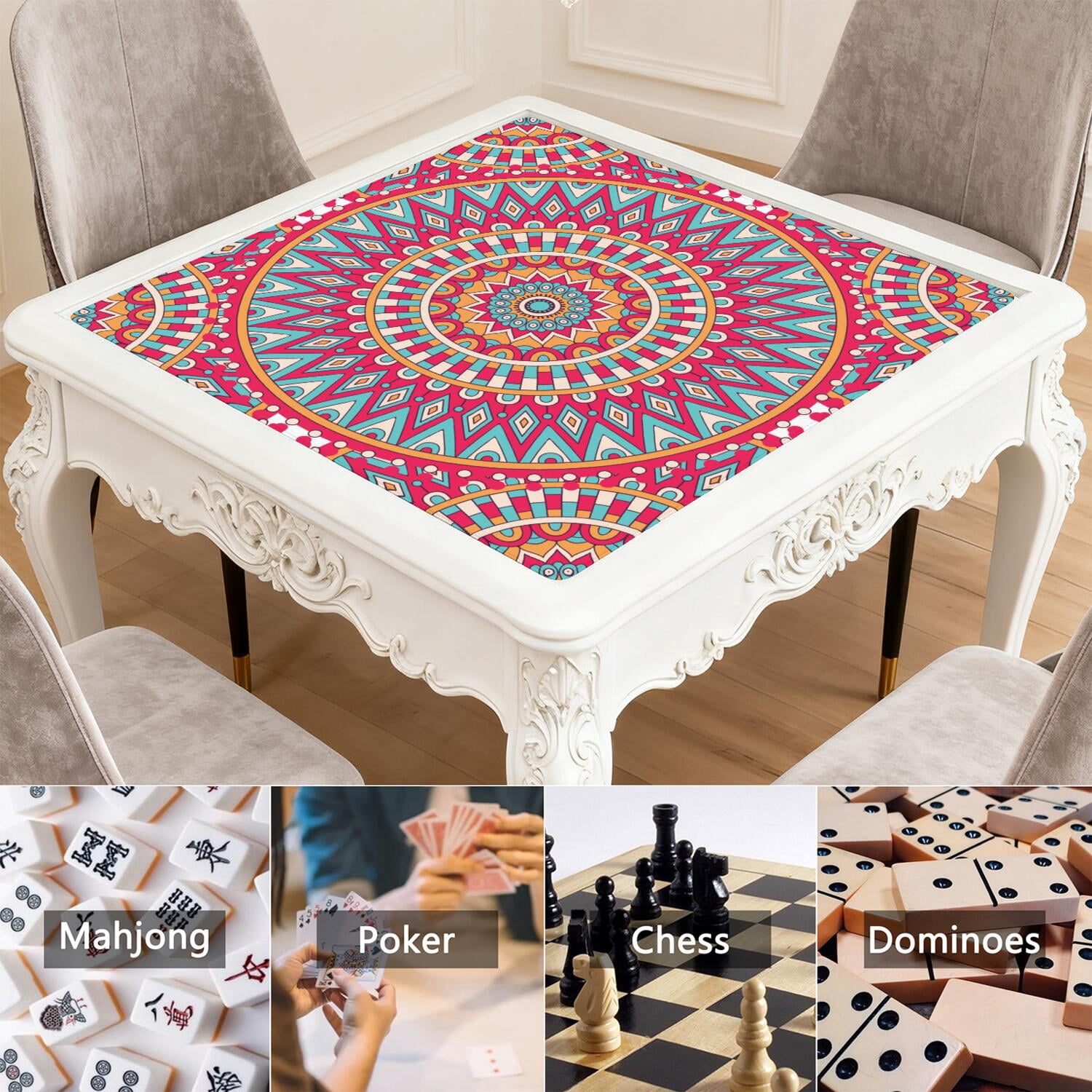 Mandala Mahjong Mat for Table, 31.5*31.5in Anti Slip American Mahjong Table Cloth, Noise Reduction, Neoprene Mah jongg Mat with Carrying Bag & 3 Dices, Mahjong Accessories Gift, Board Tile Games Mats