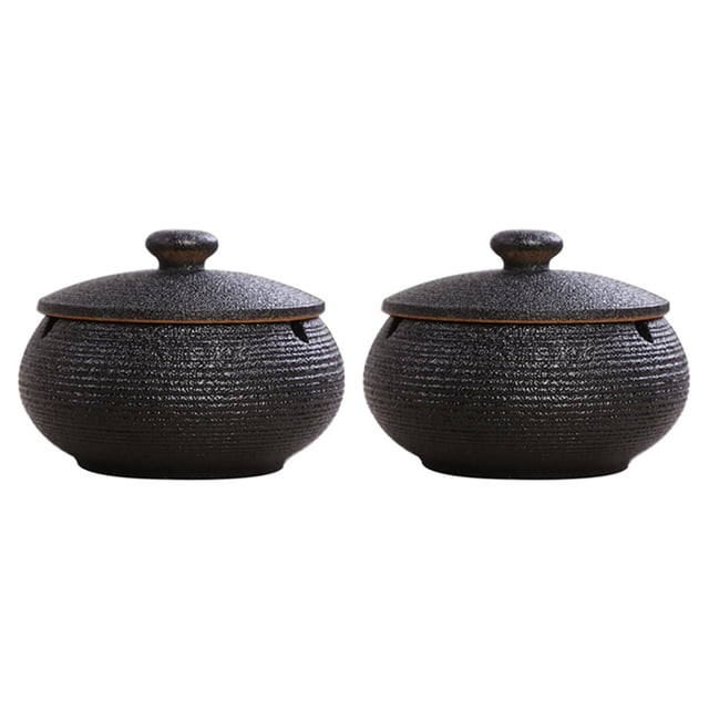 2X Cendrier en Céramique avec Couvercle Coupe-Vent pour Usage Intérieur Extérieur - Noir