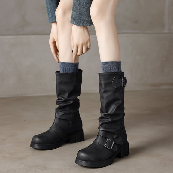 Women's Leather Slouchy Platform Mid Calf Boots Wide Round Toe Slip Lug Sole Motorcycle Boots