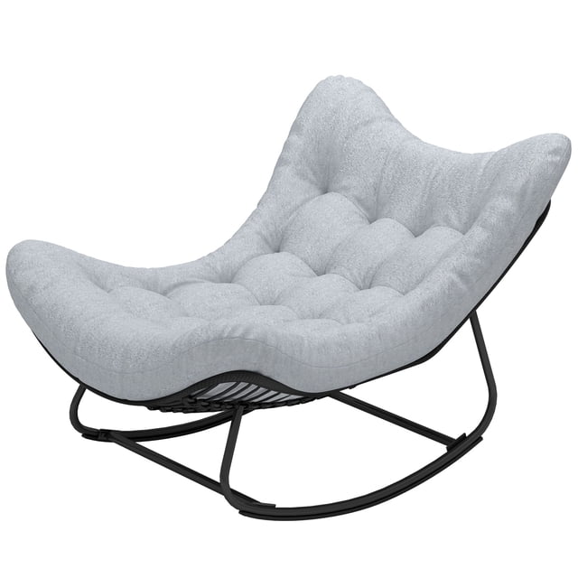 Oversized Rattan Egg Rocking Chair with Plush Grey Cushion, UV-Resistant PE Wicker and Rust-Resistant Steel Base, Outdoor Patio Furniture for Porch, Deck or Indoor Living Space