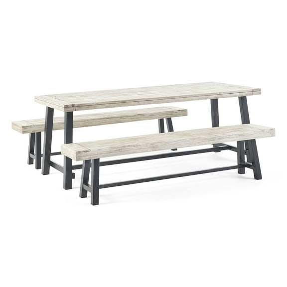 GDF Studio Bowman Outdoor Acacia Wood Picnic Dining Set, Sandblast Light Gray and Black