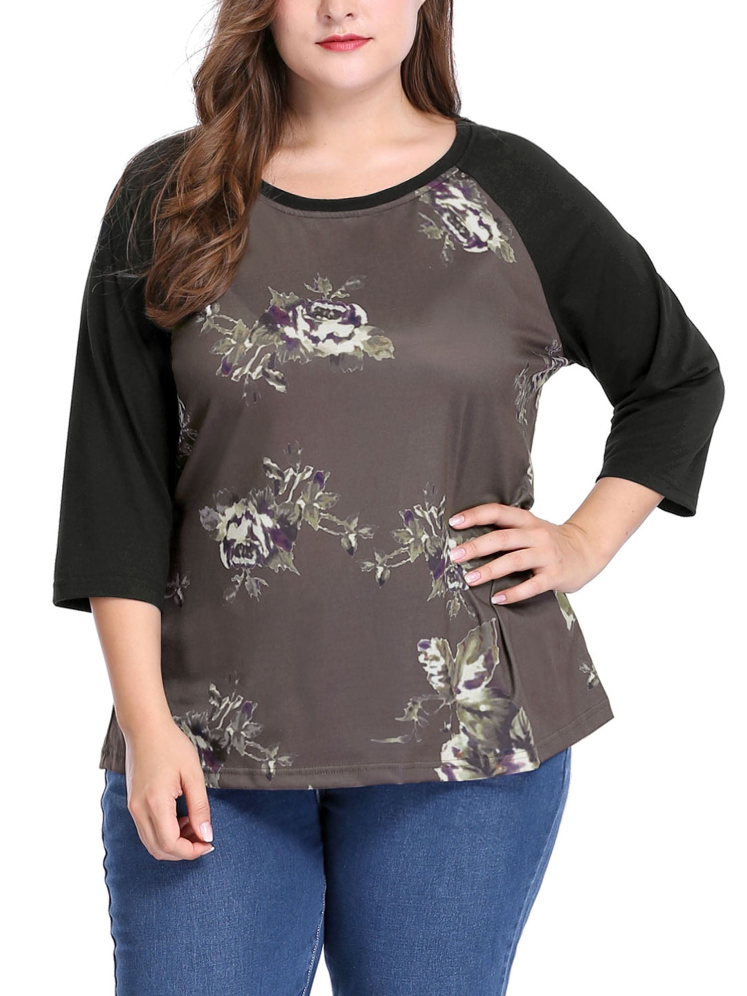 DARING DIVA Women's Plus Size Raglan Crewneck 3/4 Sleeve Floral Tunic Tee 1X Coffe
