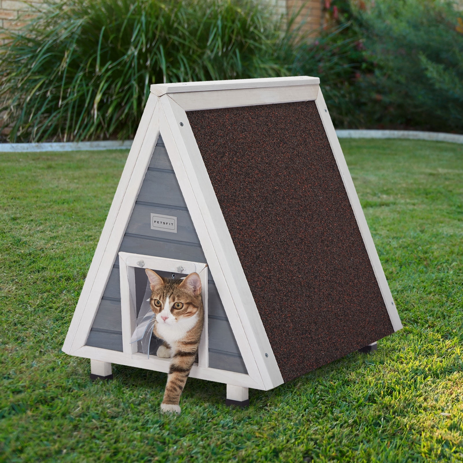 Petsfit Outdoor Cat House, Weatherproof Cat Shelter with Escape Door for Winter, Suitable for Small Animals, Grey