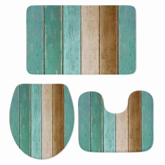 Teal Brown Wooden Bath Mat 3 Piece Bathroom Rug Set, Farmhouse Vertical Striped Art Non Slip Bath Rug Contour Mat and Toilet Lid Cover, Absorbent Shower Mats Soft Bath Rugs and Mats Sets