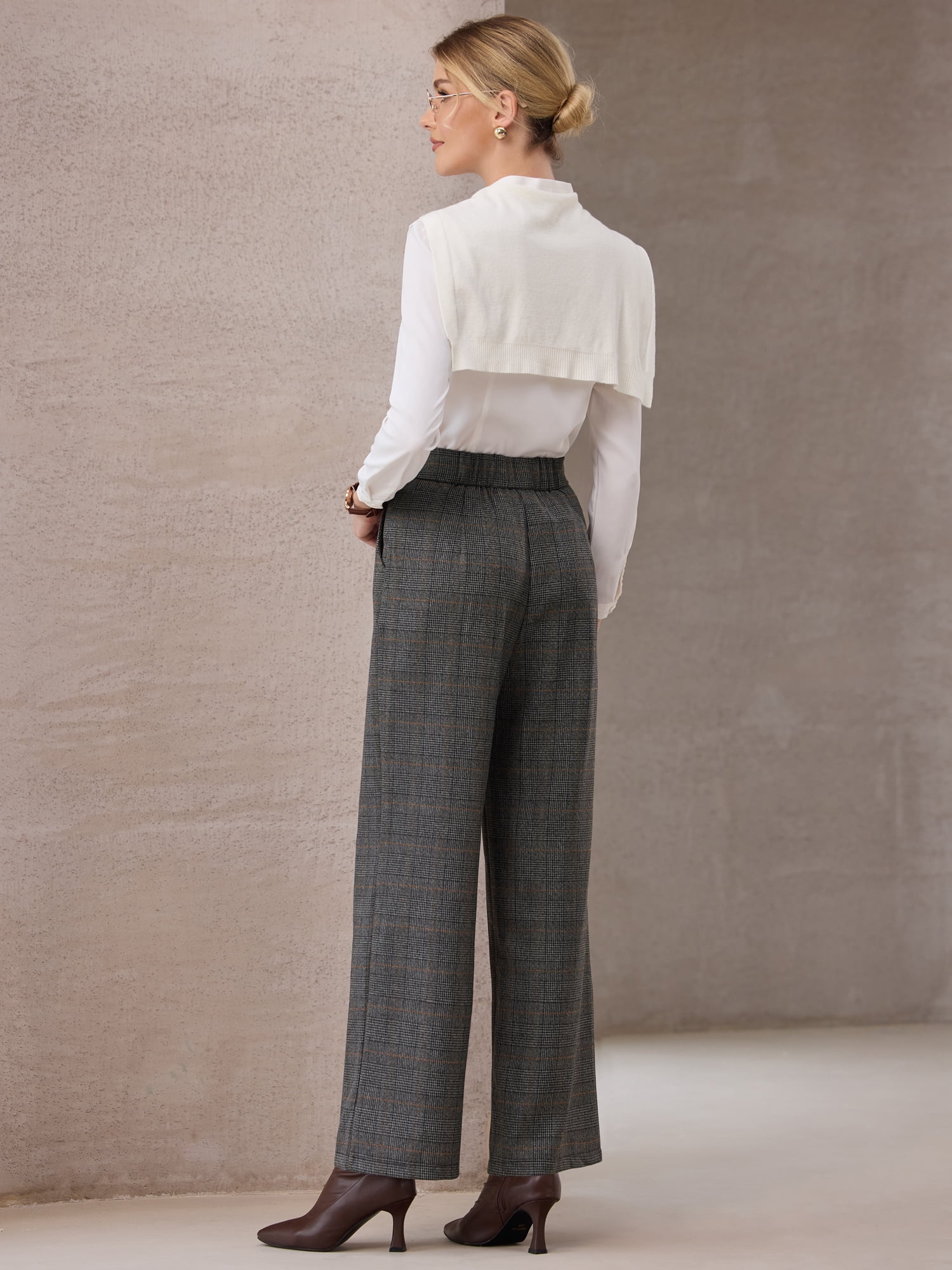 DARING DIVA Women's Plaid Vintage Houndstooth Wide Leg Trousers for Work 2XL Dark Grey