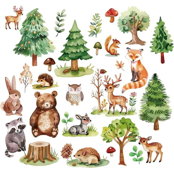 8 Sheets Forest Animal Window Stickers Self Adhesive Squirrel Pine Tree Elk Hedgehog Bear Cling Wall Decals Peel Stick Vinyl PVC Waterproof Decor for Bedroom Nursery Living Room Bath Dorm Colorful