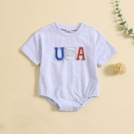 

Geire 3-24 Months Baby Summer Thin Rompers Independence Day Cute Printed Short Sleeve Round Neck Button Jumpsuit for Girls & Boys