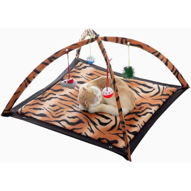 Centro de actividades para gatos: estación de área de juegos interactiva para gatos, gatitos con tapete de lana, juguetes colgantes, diseño plegable para hacer ejercicio