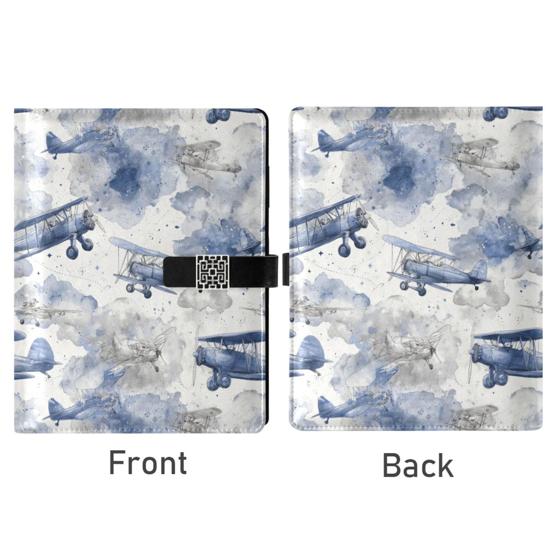 Leather Notebook with Pen Holder Writing Notepad Includes 100 Pages Lined Journal Watercolor Vintage Planes