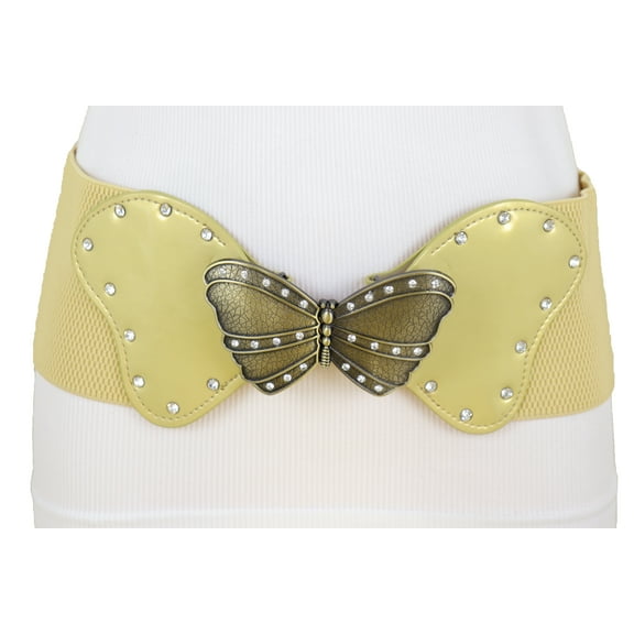 Women Fashion Wide Elastic Gold Belt Butterfly Metal Buckle S M