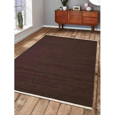 Kilim Area Rugs Rugsotic Carpets Hand Woven Flat Weave Kilim Wool 3'x5' Area Rug Solid Dark Brown D00111 ()