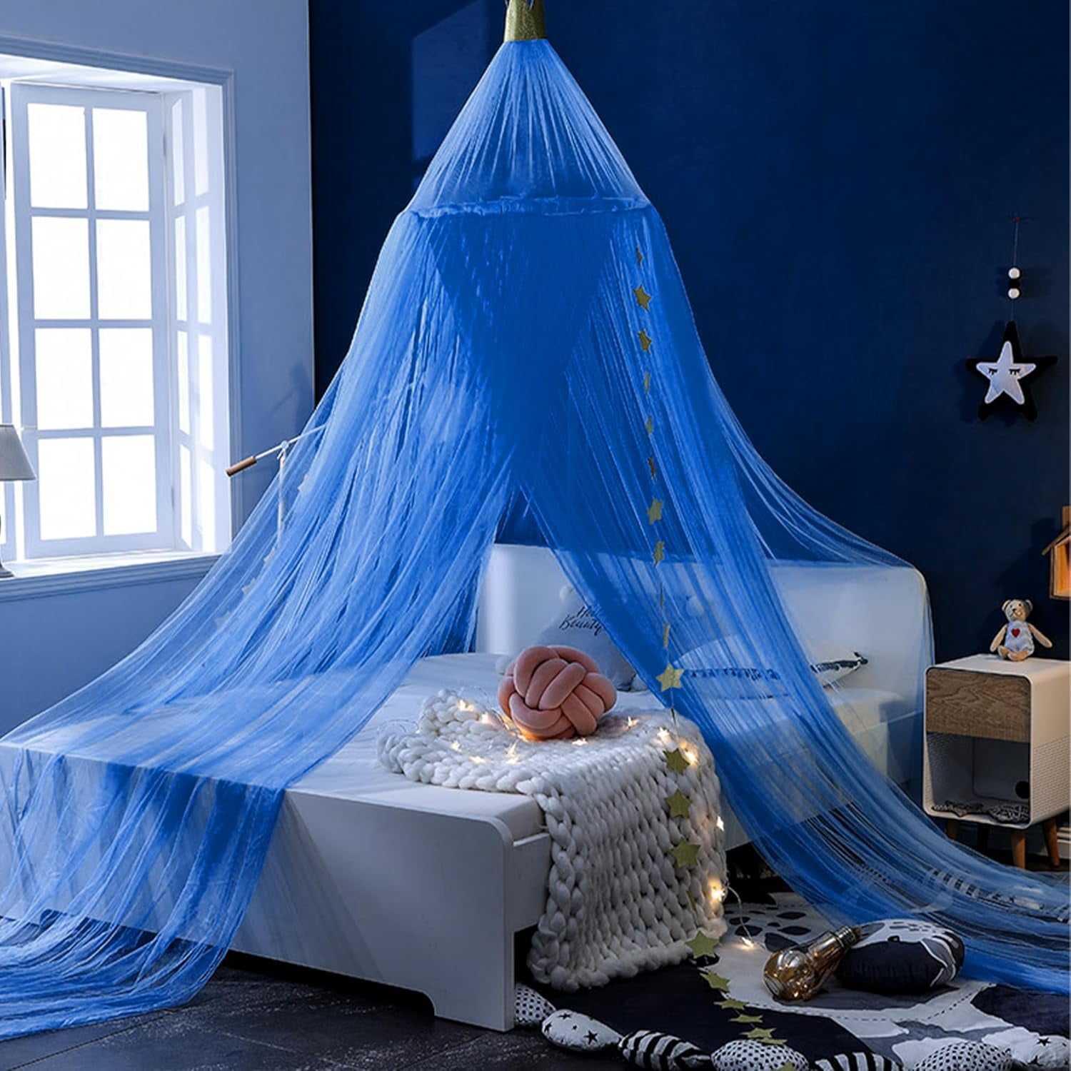 Kids Bed Canopy with Stars:Breathable Canopy Bed Curtains,Hanging Net Crown Bed Tent,Princess Room Decor for Kid's Room,Nursery,Reading Nook (Blue)