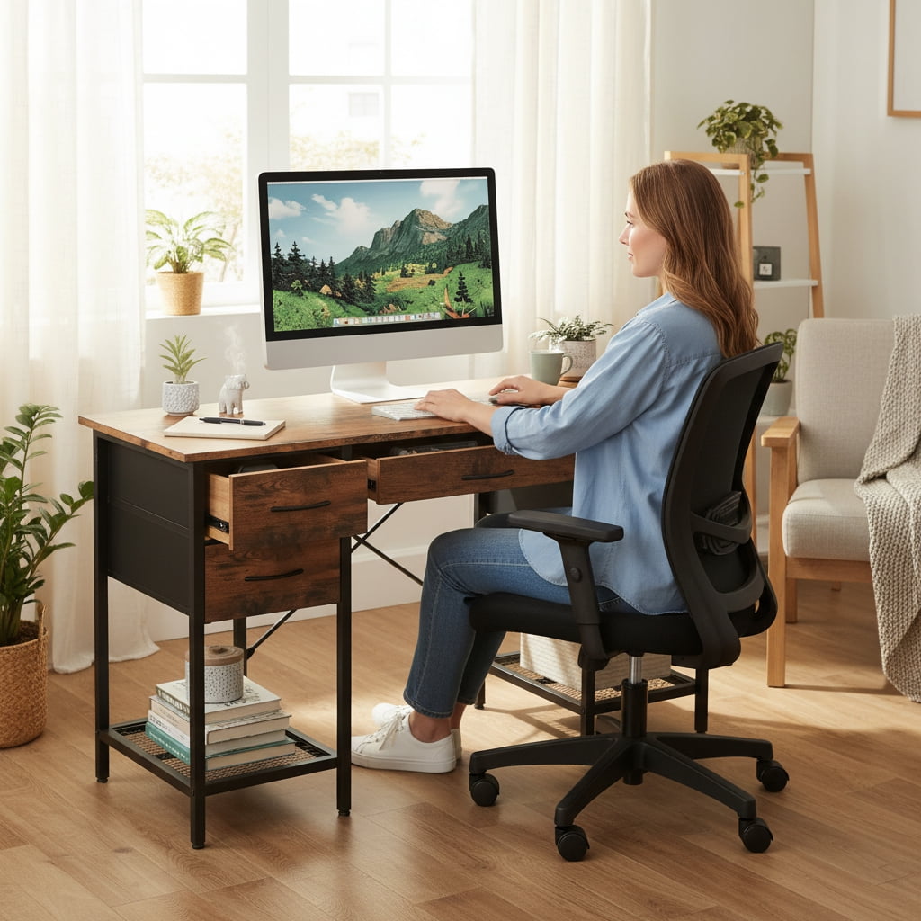 CONCETTA 55 Inch Computer Desk with 4 Drawers & Mesh Shelf, Large Desktop,Storage Desk for Home Office, Gaming & Study, Flexible Setup, Rustic Brown