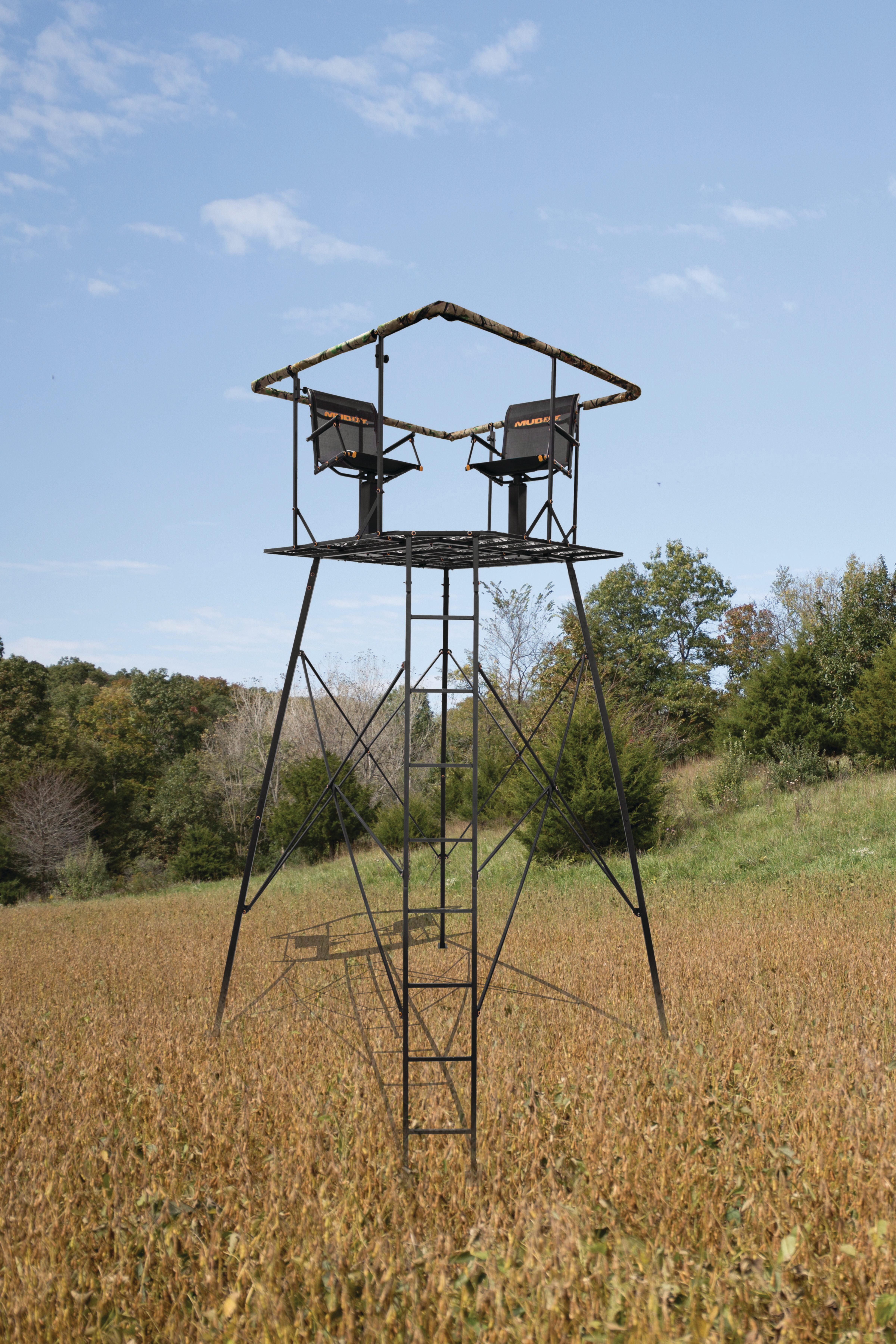 Muddy 12' Quad Pod - 57"L x 57"W Durable Steel 500 Pound Capacity Hunting Outdoor Platform with Full-Surround Shooting Rail & 2 Flex-Tek Seats, Blind Kit Not Included