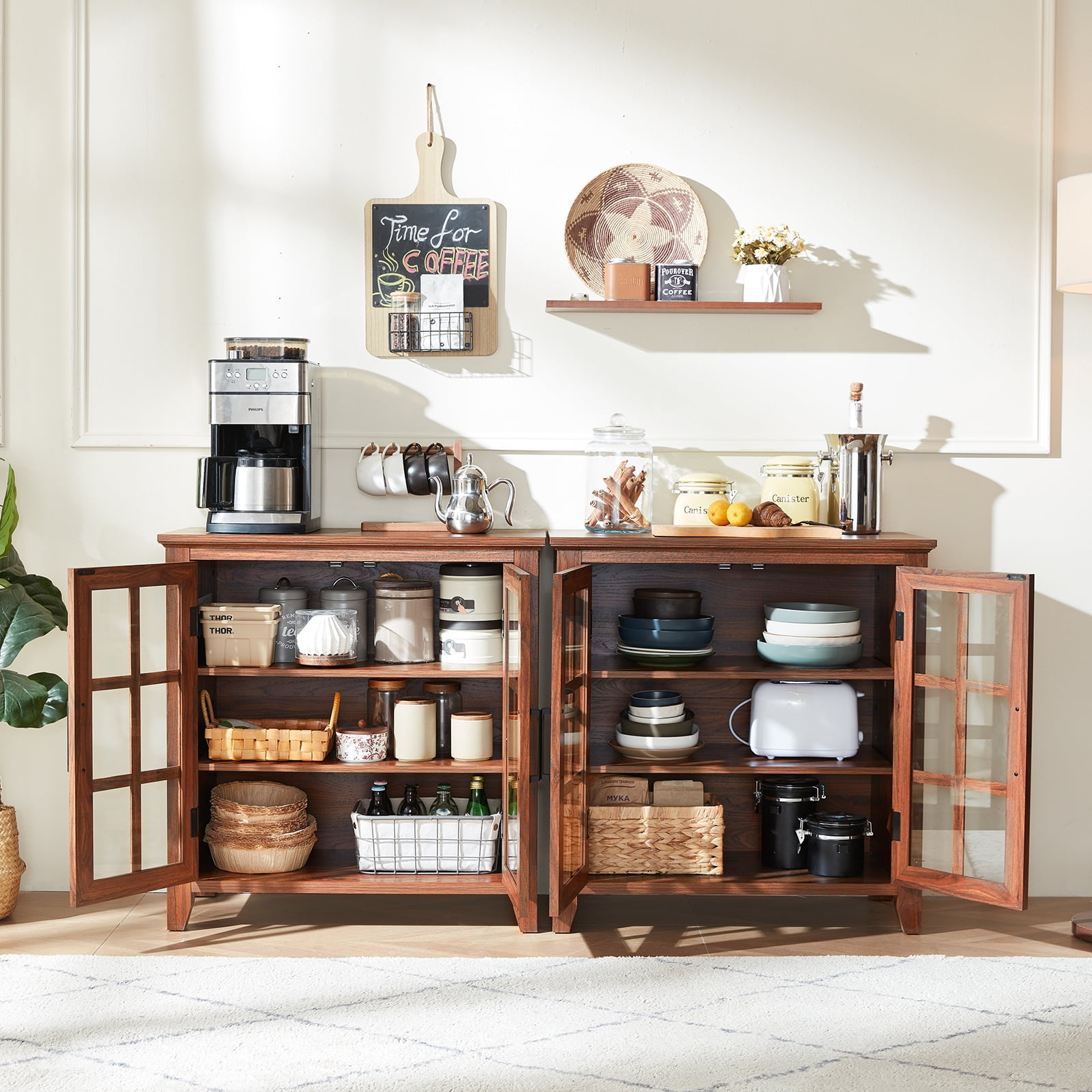 31.5" Rustic Buffet Cabinet with 2 Glass Doors, Compact Sideboard Kitchen Storage Cabinets Coffee Bar Cabinet for Living Room, Brown