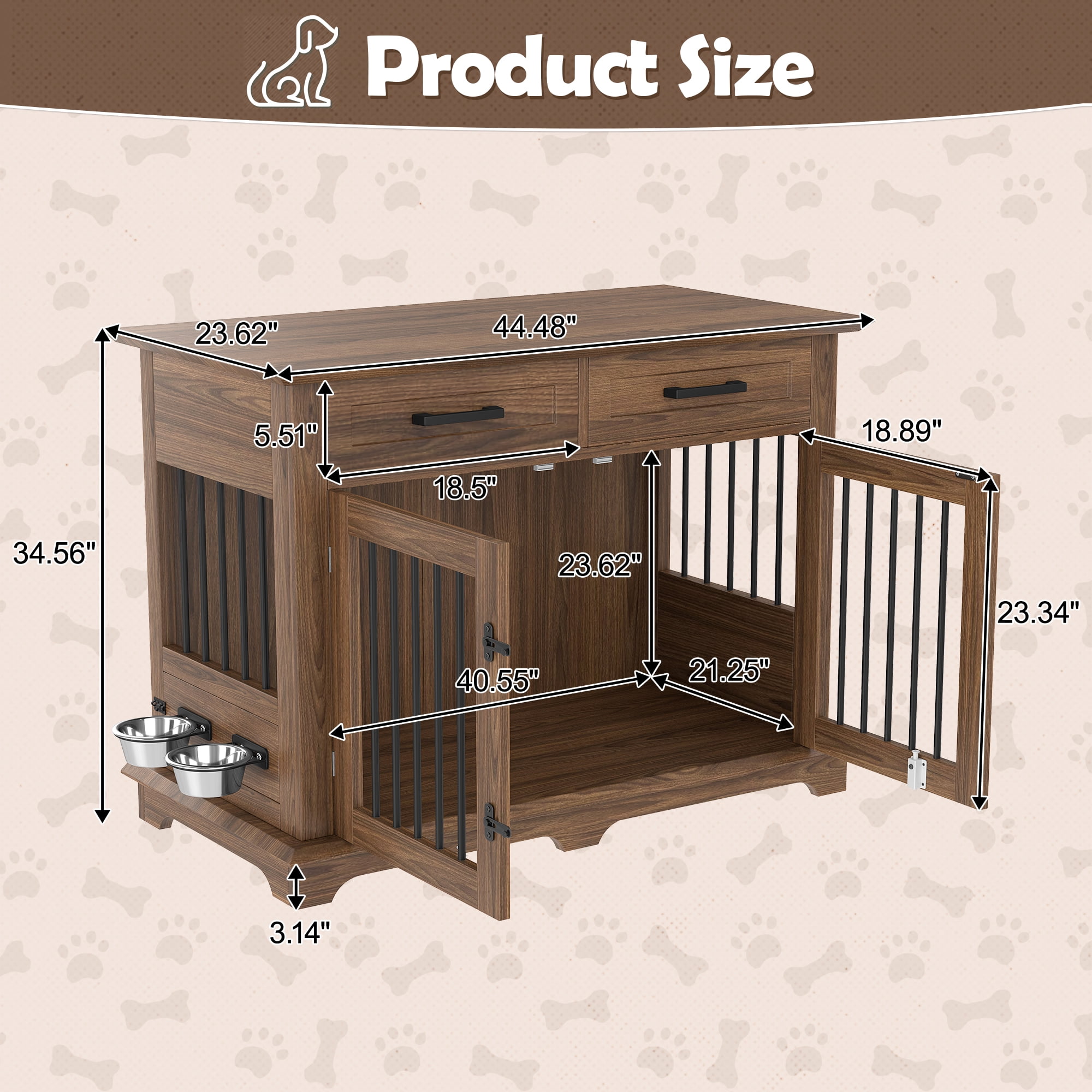44.48" Large Dog Crate Furniture, Indoor Wooden Dog Kennel End Table with 2 Storage Drawers and Rotating Bowls, Decorative Pet Cage Dog House for Medium Dogs