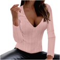 thumbnail image 2 of AXXD Pink Basic Summer Shirts for Women 2024 Solid Color V-neck Long Sleeve Casual Knit Top Blouse, 2 of 6