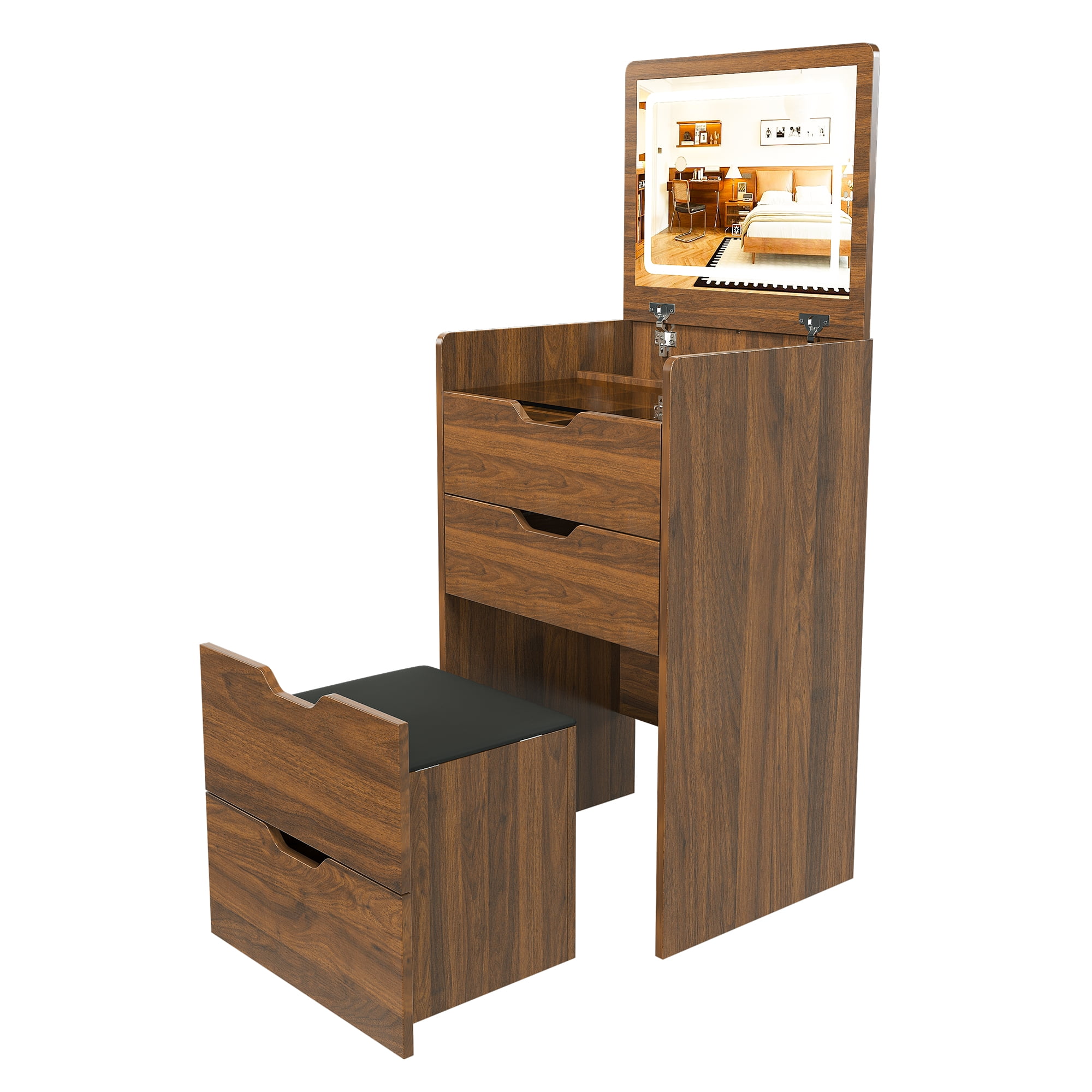 Mintazer 3-in-1 Vanity Desk with LED Lighted Mirror & Storage Stool, Flip Top Makeup Vanity with Drawers, Multifunctional Dresser Nightstand for Bedroom, Walnut