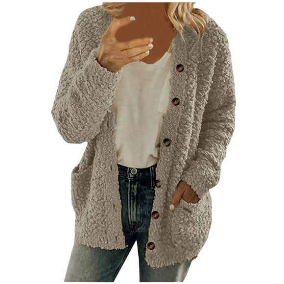 fartey Womens Fuzzy Sherpa Hooded Cardigan Coat Winter Double Fleece Open Front Jacket Coat Plush Warm Plus Size Button Down Outwear, S-5XL