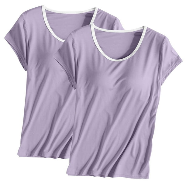 Pijama de manga corta para mujer, 2 piezas, color liso, cuello redondo, manga corta, con copa acolchada, ropa de casa, pijama de manga corta, pijama de modal para mujer.