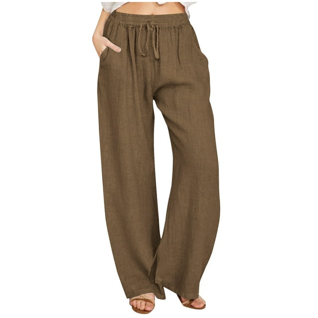 VEKDONE Pantalon Long en Lin pour Femmes Marron TTG