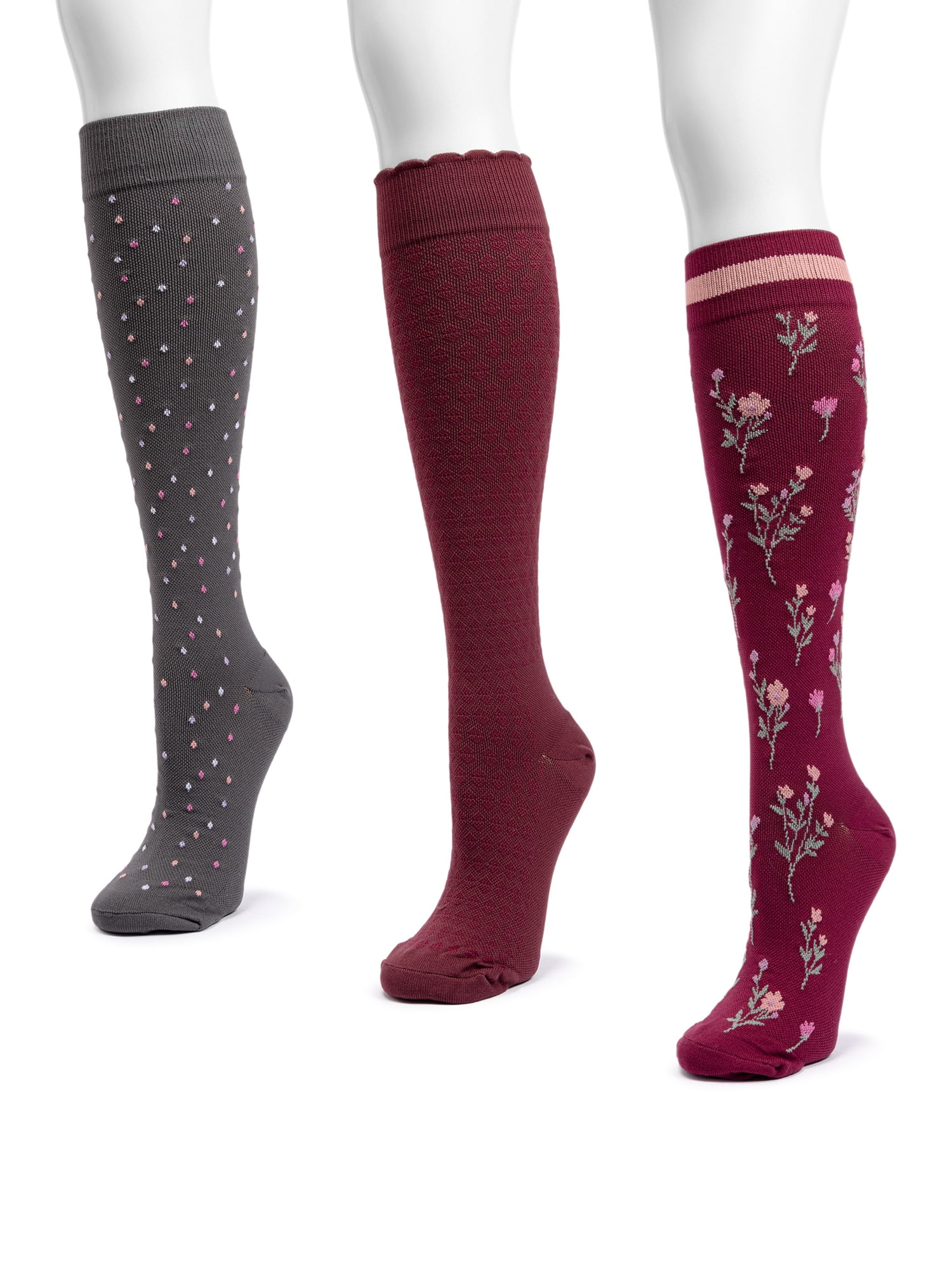 MUK LUKS Women's Wide Width Compression Nylon Knee-High Socks, 3-Pack, Shoe Size 6-10