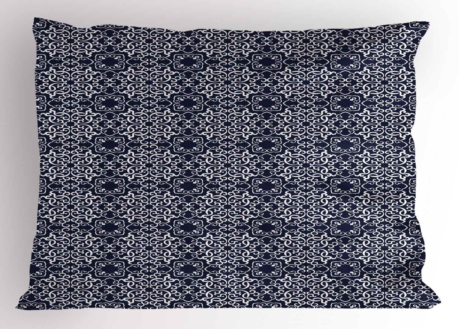 Navy Blue Pillow Sham Japanese Inspired Swirls and Curlicues