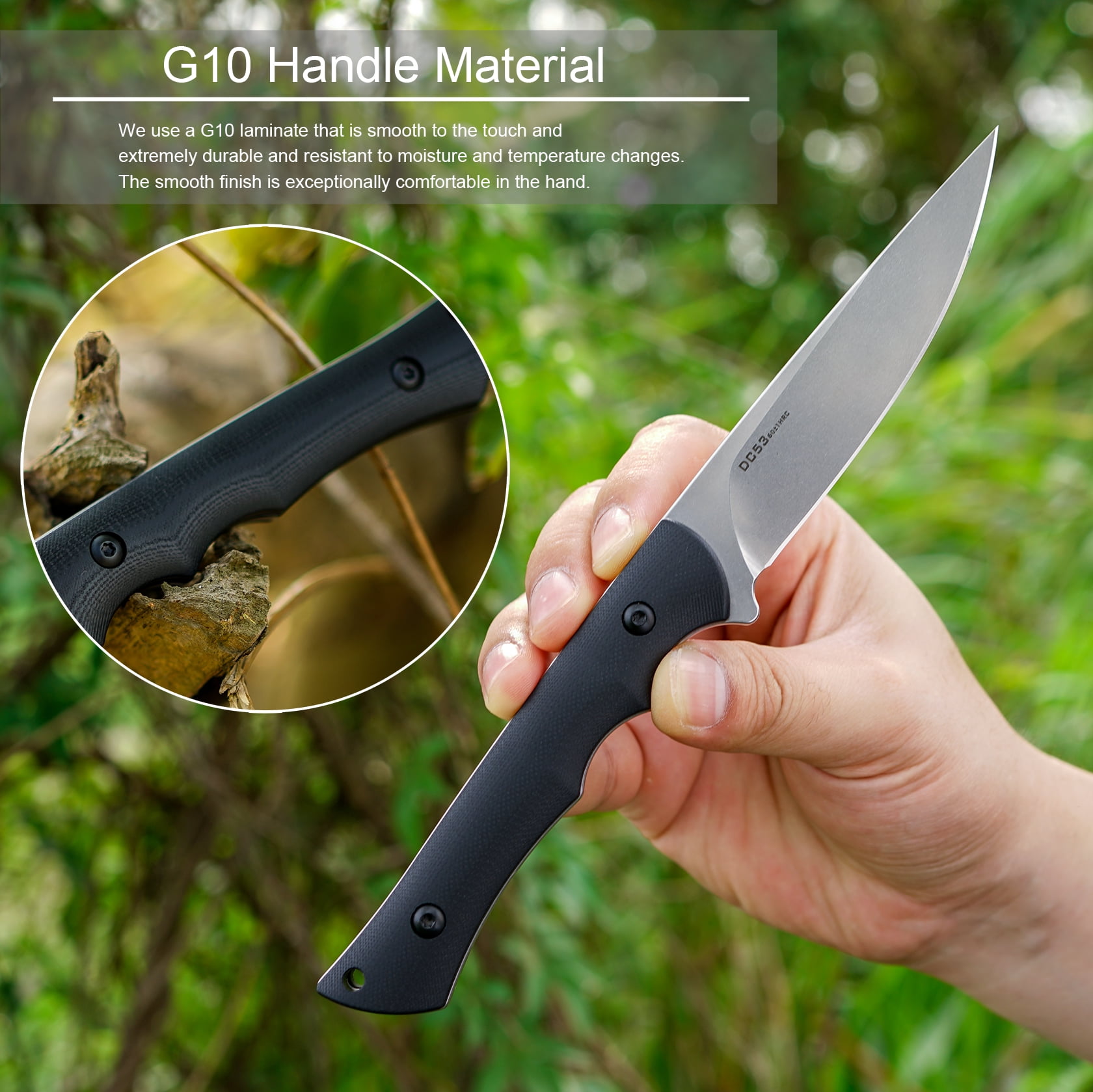 FORESAIL Small Fixed Blade Knife,3.86in DC53 Steel Blade and G10 Handle,with Sheath,Black