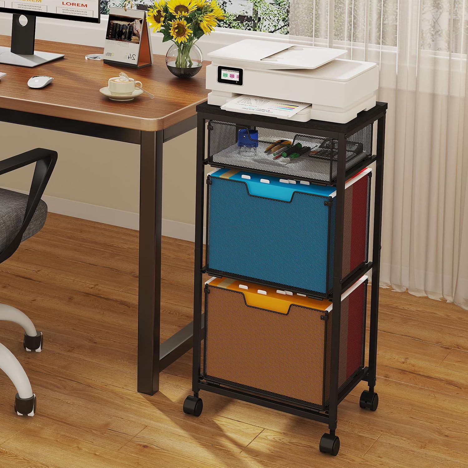 X-COSRACK 3-Drawer Mobile File Cabinet with Mesh Drawers, Wood Top Rolling Printer Stand for Home Office, Letter Size Hanging File Folder Organizer Cart on Lockable Wheels, Black