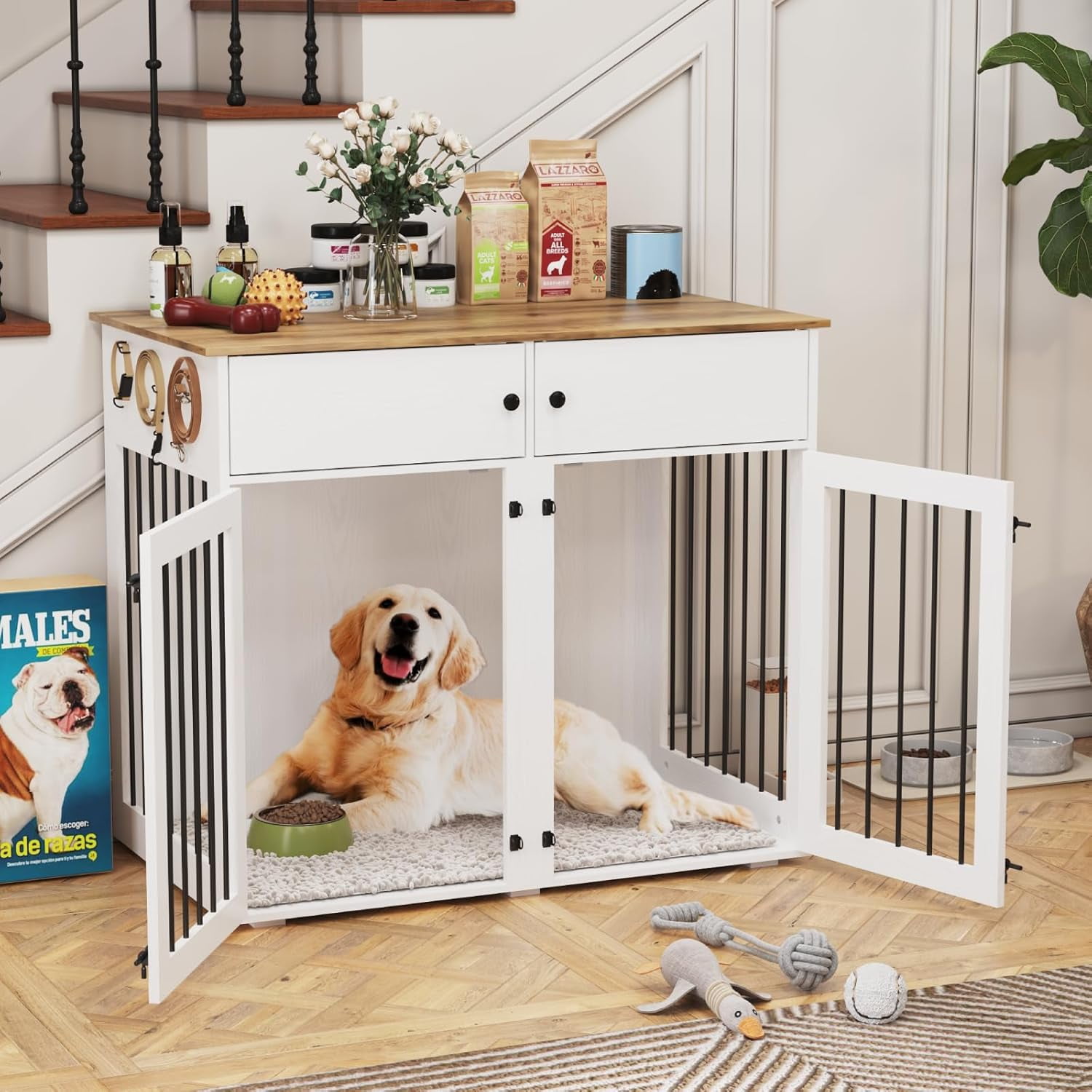 TIMHAKA Dog Crate Furniture w/ 2 Drawers, 41’’ Wooden Indoor Dog Cage w/ Divider, Double Doors, White