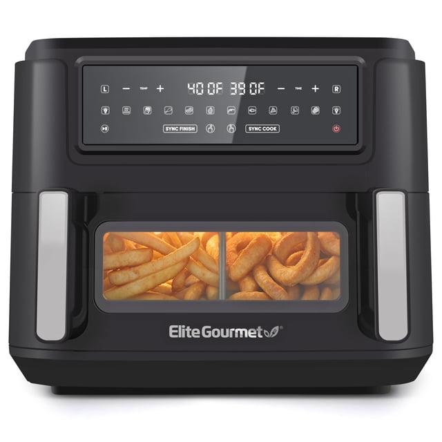 Elite Gourmet EAF1055D - Horno freidora de aire de doble zona, 11 cuartos Capacidad con divisor, acabado sincronizado, cesta apta para lavaplatos, 10 funciones preestablecidas, 1600 vatios, con