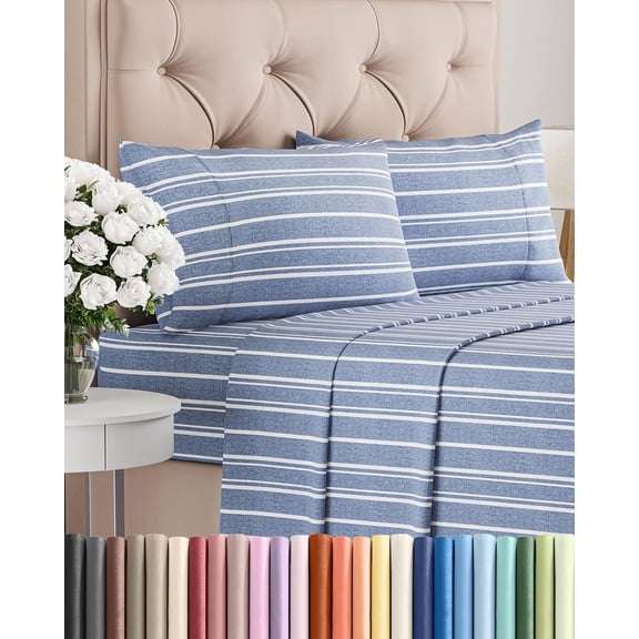 Queen Size 4 Piece Sheet Set with Deep Pockets in Blue Stripes