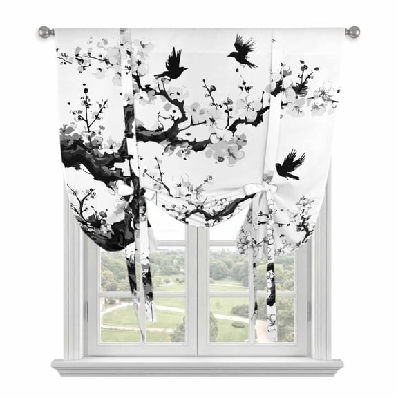 Chinese Painting Balloon Curtains 63 Inch Length for Living Room/Bedroom, Traditional Culture Cool Bird Tree Branch Rod Pocket Privacy Door Curtains Decorative Tie Up Shade for Window 52"x63"