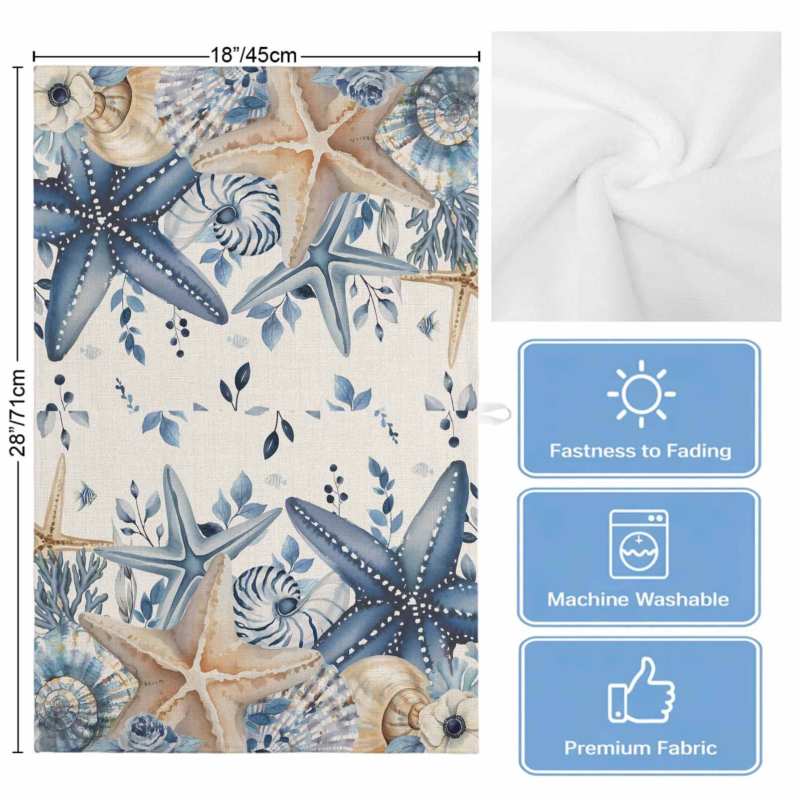Blue Starfish Coastal Kitchen Towels Set of 4, Water Absorbent Dish Towel, Eucalyptus Summer Nautical Shell Rustic Decorative Hand Towels - Quick Drying Cloth for Cooking Baking, 18x28 Inch
