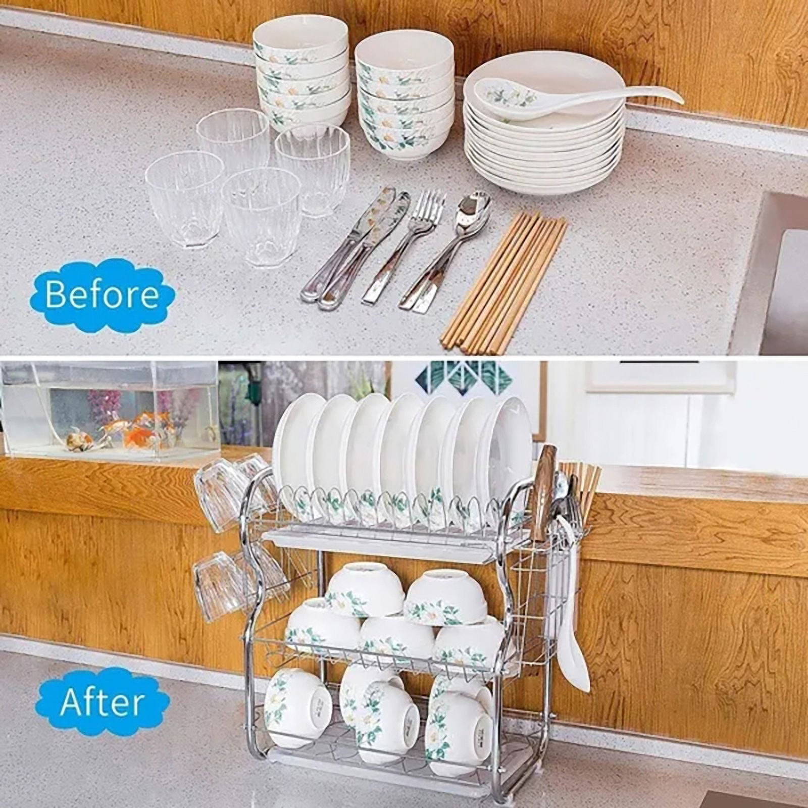 3-Tier Dish Drying Rack with Tray Utensil Holder, Large Capacity Dish Drainer with Cutting Board Holder for Kitchen Counter Organizer Storage