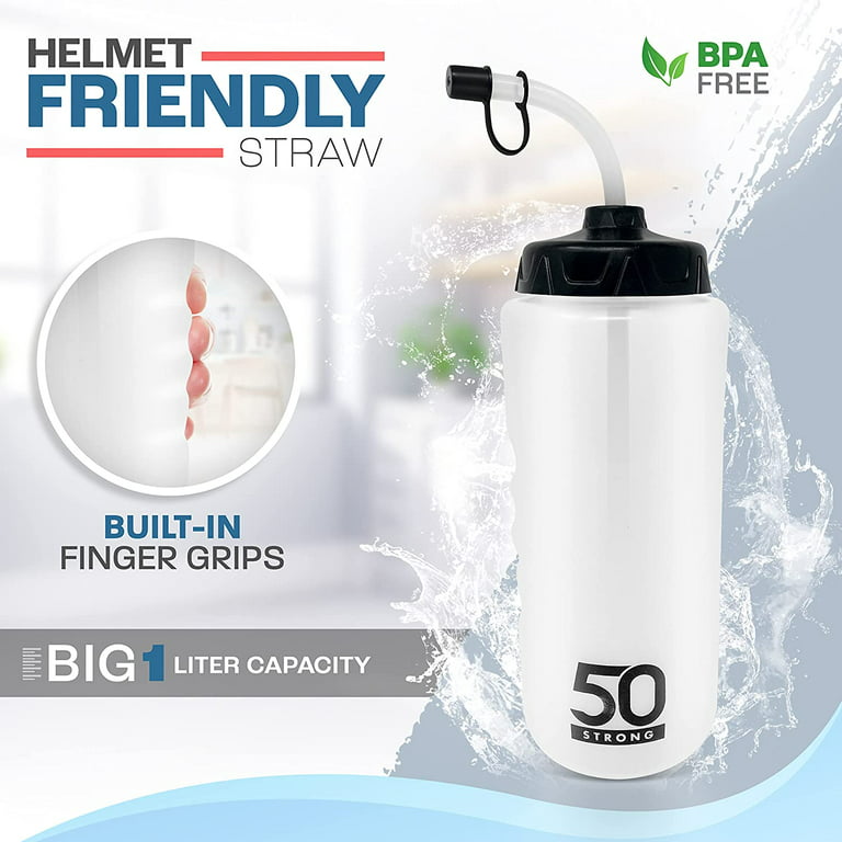 50 Strong 1 Liter BPA-Free Plastic Round Sports Water Bottle with Straw - 6 Pack